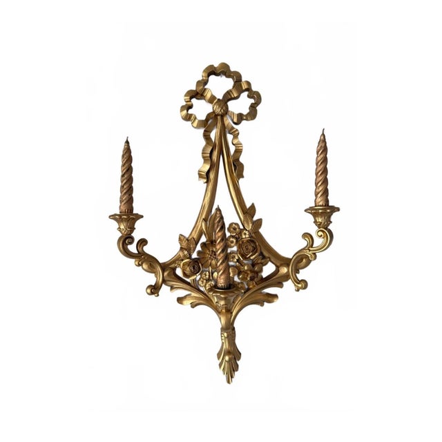 Syroco Vintage 1970s Gold Tone Floral Wall Sconce Candle Holder For Sale - Image 4 of 5