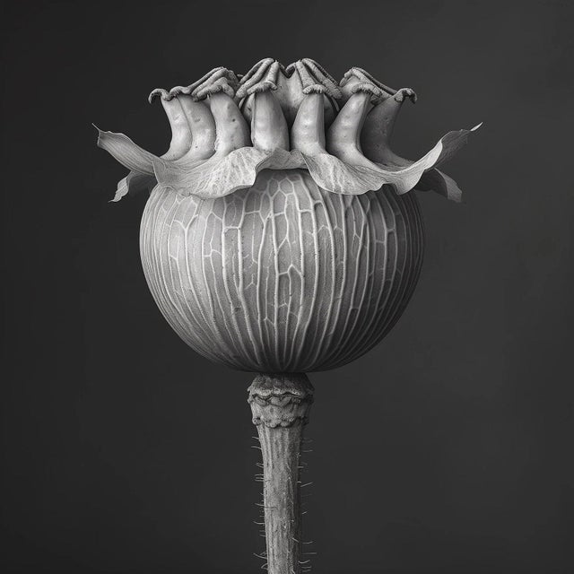 "Poppy Pod Head" No. 1 Black and White Botanical Photography in the Spirit of Karl Blossfeldt A sophisticated botanical...