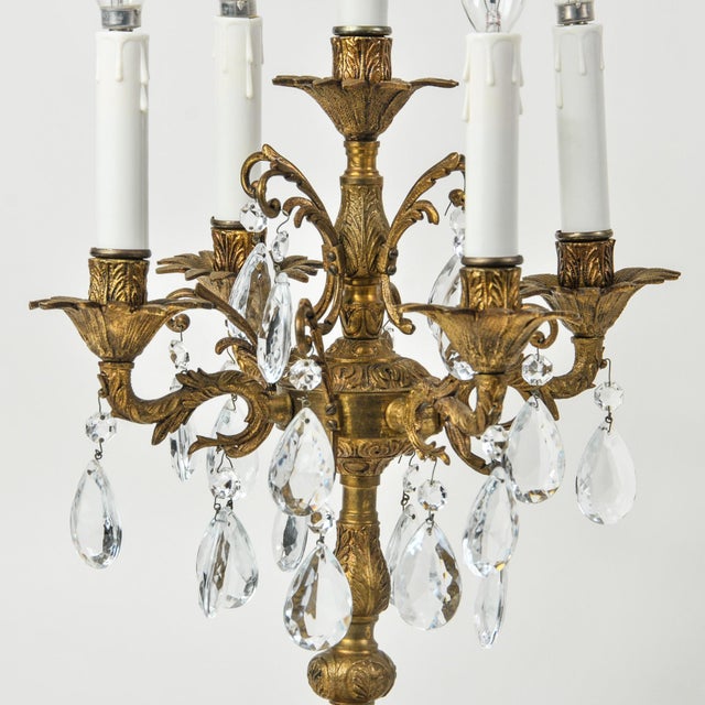 French Vintage Brass and Crystal Table Chandelier 5 Arm Candelabra Lamp For Sale - Image 3 of 15