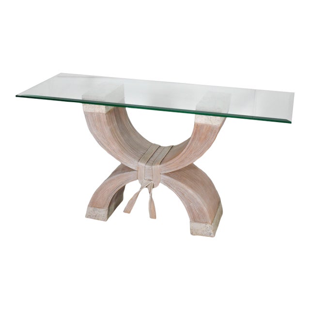 70's Betty Cobonpue Pencil Reed Ribbon and Tessellated Stone Console Table For Sale