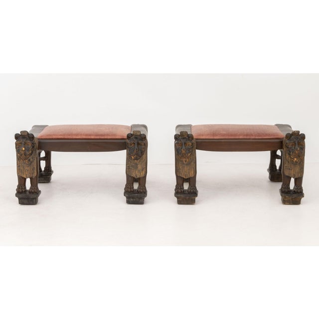 Pair of Egyptian Revival Gilt and Carved Wood Lion Motif Benches, with crocodile embossed leather seats. 21" H x 35" W x...