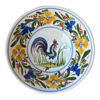 1990s Made in Greece Chanticleer Rooster 14" Serving Bowl Platter, Hand Painted For Sale