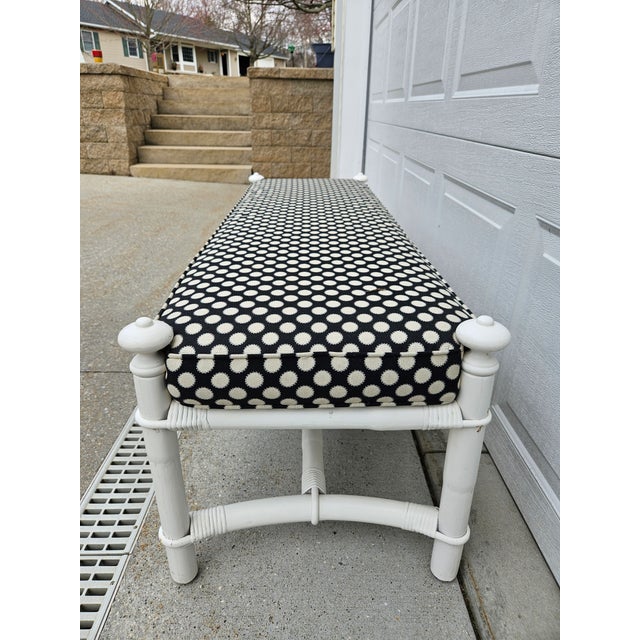 Mid-Century Modern White and Black Rattan Bamboo and Reed Upholstered Bench For Sale - Image 3 of 18