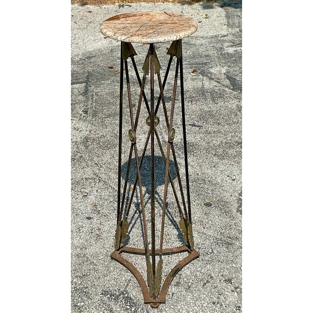 Hollywood Regency Vintage Regency Wrought Iron and Brass Arrow Pedestal For Sale - Image 3 of 8