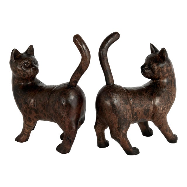 Pair of Vintage Carved Wood Cats For Sale
