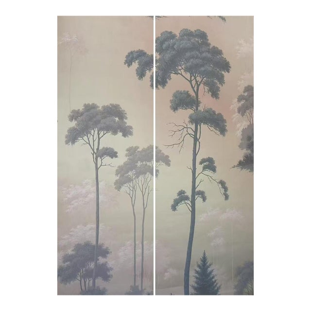 36" * H96" * 2ps, Hand-Painted Misty Pine Grove Mural Wallpaper, Dawn Haze Pine Tree Wall Mural For Sale