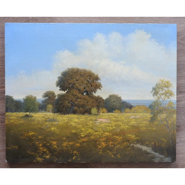 Textile Late 20th Century Texas Live Oak and Wildflowers Landscape Painting For Sale - Image 7 of 8