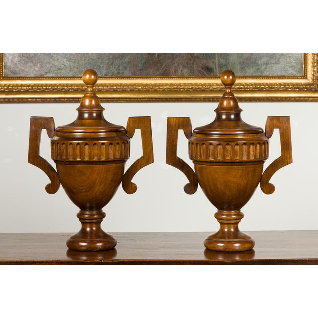 Pair of Midcentury English Carved Walnut Lidded Urns with Large Handles For Sale - Image 11 of 11