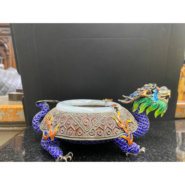 1920s Sterling Silver Enamel Dragon Cloisonné Ashtray Jade Rim For Sale - Image 4 of 8