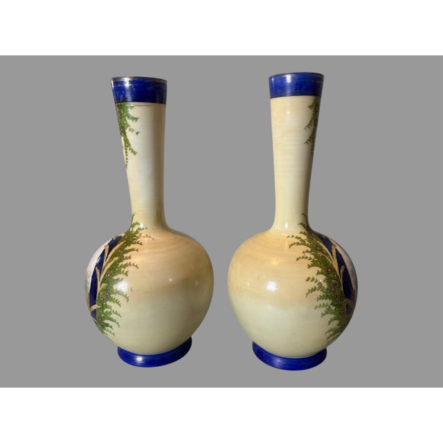 Pair of Antique Hand Painted Opaline Art Glass Courting Scene Vases For Sale - Image 6 of 11