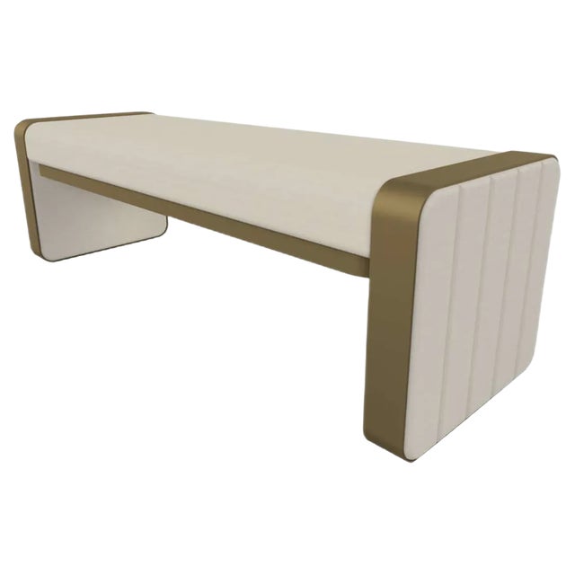 Somnus Bench with Flute Detailing in Ivory Boucle & Antique Brass Tint by Casa Botelho For Sale