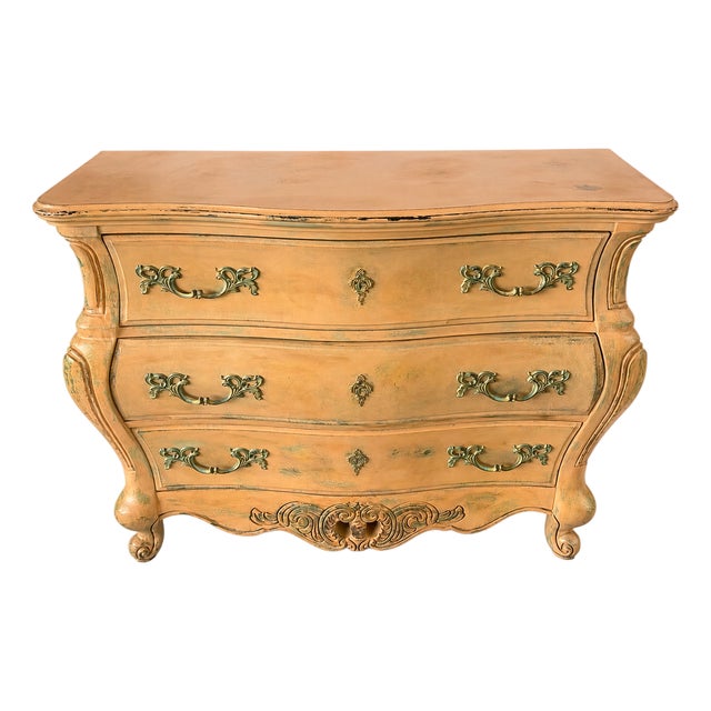 Late 20th Century Artisan Hand-Painted Tangerine Baroque 3-Drawer Dresser | Distressed & Patinated | Maison Martine For Sale