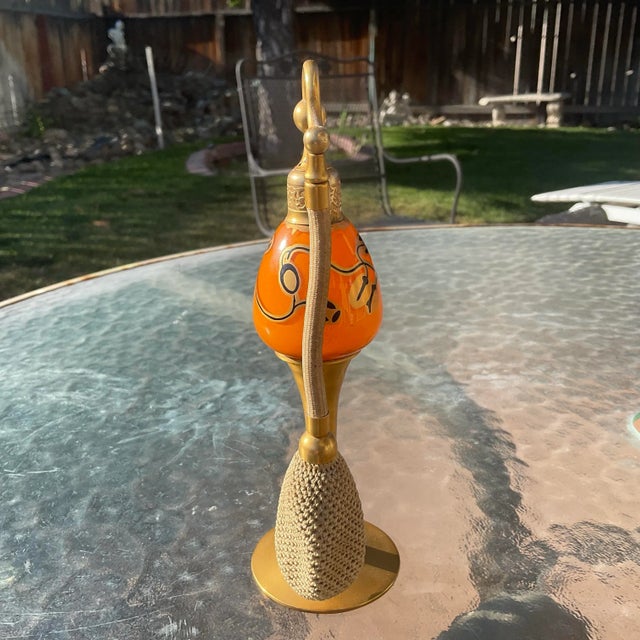 Vintage DeVilbiss Perfume Atomizer Antique Art Deco Glass Orange Enamel Black & Gold Perfumizer Money Plant Leaf Design...