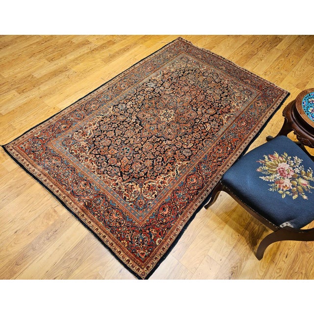 1900 - 1909 Vintage Persian Kashan Rug, Hand-Knotted Wool, Floral Pattern, Navy & Blue, 5x7 For Sale - Image 5 of 17