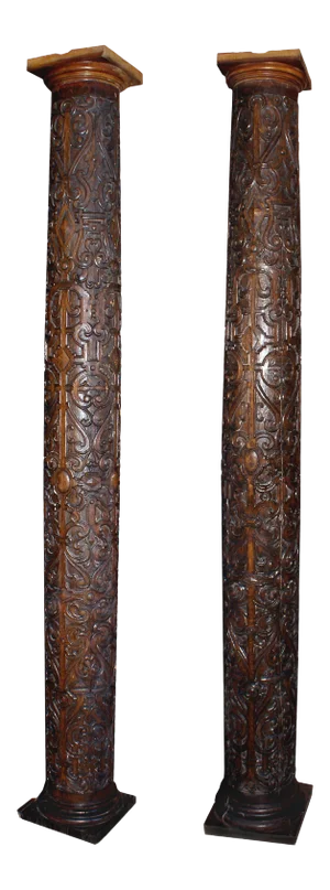 Antique Jacobean Revival Style Carved Oak Columns - a Pair