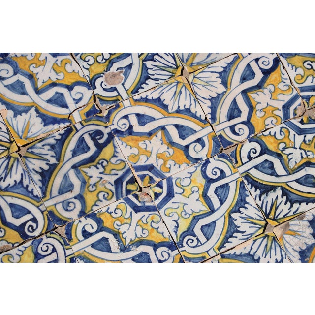 17th Century Portuguese Antique Tiles Set of 40 Blue, Yellow & White Geometric Floral For Sale - Image 12 of 18
