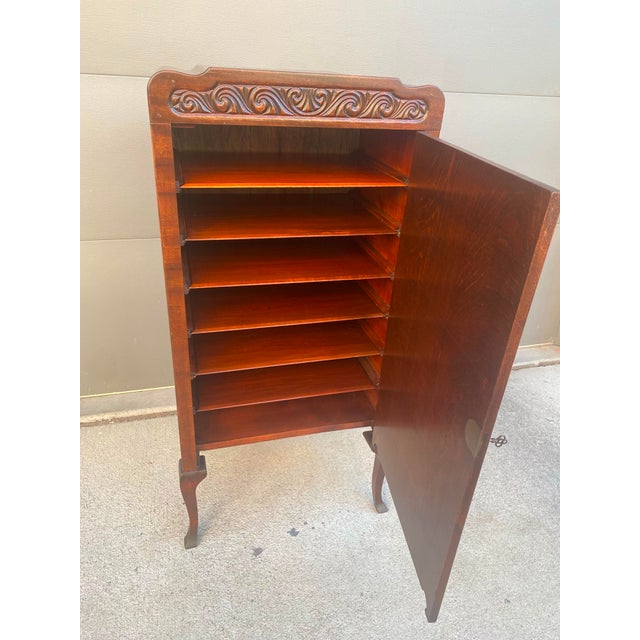Antique Carved Mahogany Sheet Music Cabinet With Lock and Key For Sale - Image 15 of 17