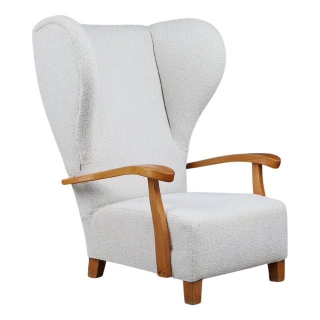 Monumental French Wingback Armchair in Ivory Bouclé with Sculpted Frame, 1930s For Sale