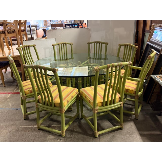 Mid-Century Modern McGuire Furniture Pistachio Bamboo + Leather Dining Table + Set of Eight Chairs For Sale - Image 3 of 12