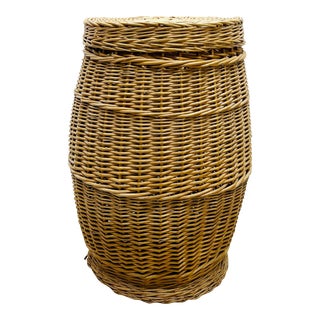 Vintage Round Tall Wicker Storage Basket For Sale