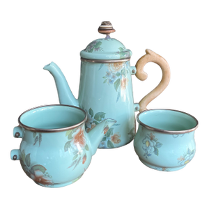 Vintage 1980's Mackenzie-Childs Floral Enamel Trio (Coffee Pot, Creamer, Cup)