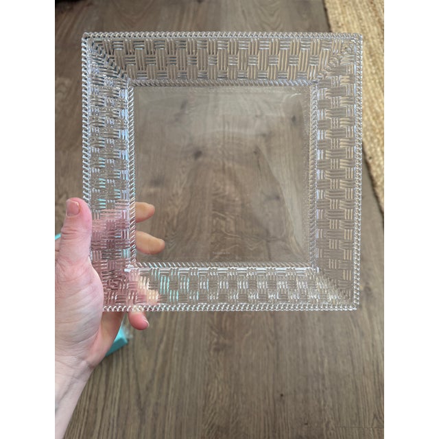 Tiffany & Co. crystal tray with braided basketweave pattern edges. In original box and never used. 8" W x 8" H x 1" D