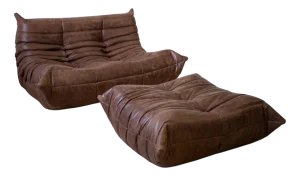 Set of Dark Brown Leather Togo Pouf and 2-Seater Sofa by Michel Ducaroy for Ligne Roset
