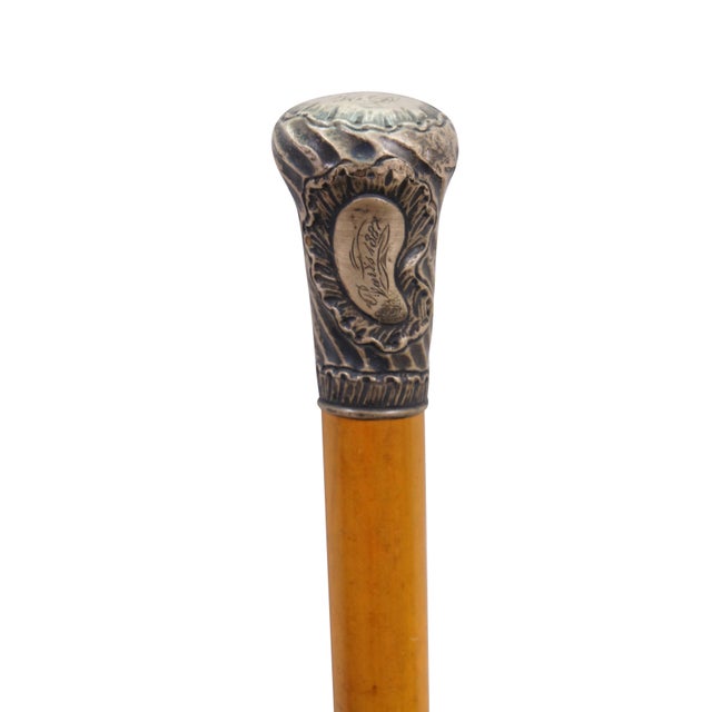 Victorian Antique 1887 French Victorian Sterling Silver Oak Wood Cane Walking Stick 35" For Sale - Image 3 of 12