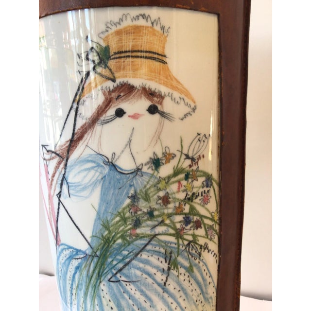 Brown 1960s Quadrifoglio Italian Leather & Ceramic Hand Painted Vase or Umbrella Stand For Sale - Image 8 of 11