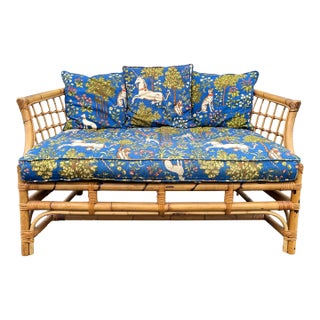 Mid 20th Century Asian Rattan Loveseat With Unicorn Tapestry Upholstery For Sale
