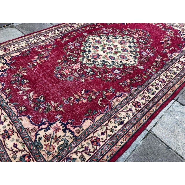 Ruby Red 1960s Vintage Turkish Hand-Knotted Tribal Rug - 5′5″ × 9′2″ For Sale - Image 8 of 10