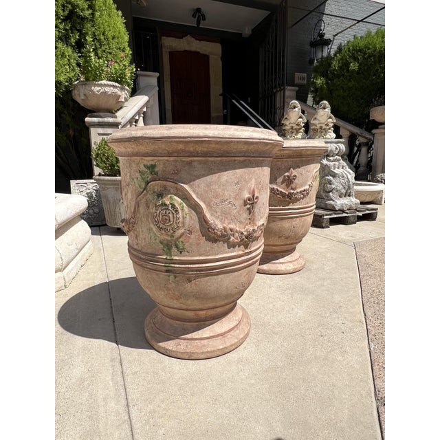 Beige Pair of 31 Inch French Anduze Planters With Antique Patine, Fleur De Lys For Sale - Image 8 of 12