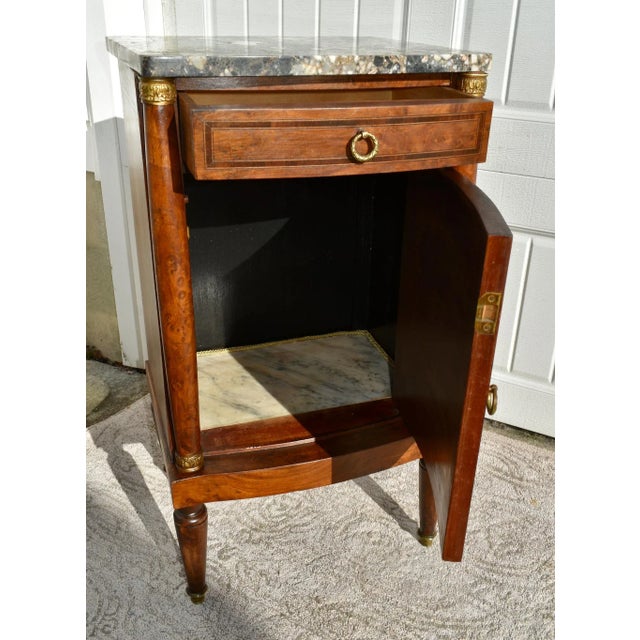 Antique French Inalid BurlWood Marble Top Cabinet/Stand W/Brass Mounts For Sale - Image 9 of 13