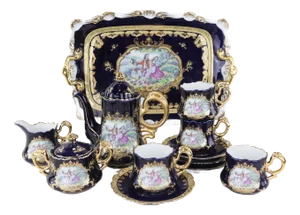 Vintage Cobalt Blue & Gold Porcelain Tea Set – Romantic Courting Scene