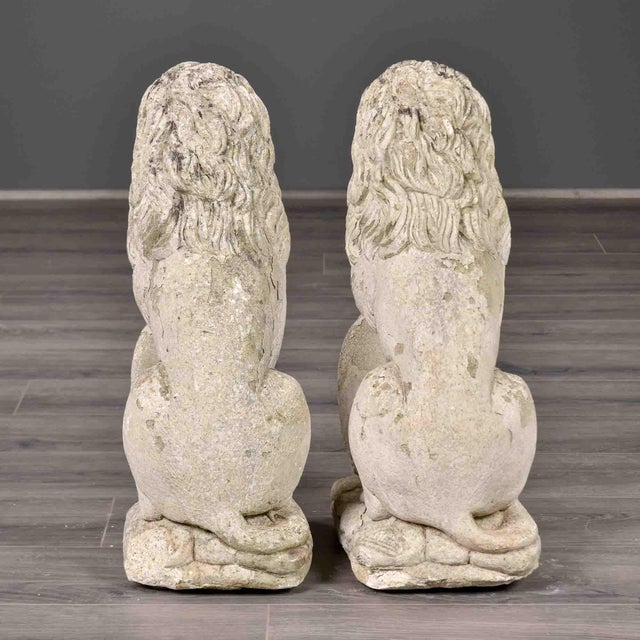 French Pair of Vintage French Cast Stone Seated Lion Garden Statues For Sale - Image 3 of 10