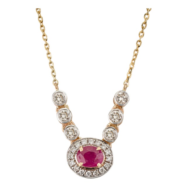 Vintage Style Oval Red Ruby & Diamond Halo Pendant Necklace in 14k Yellow Gold For Sale