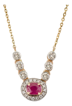 Vintage Style Oval Red Ruby & Diamond Halo Pendant Necklace in 14k Yellow Gold