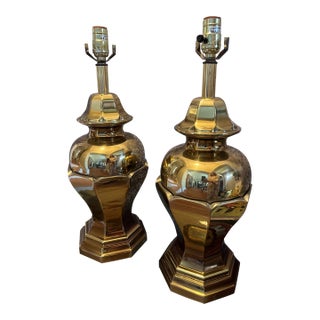 Pair of Vintage Lotus Brass Lamps For Sale