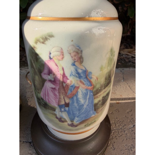 Vintage Porcelain Table Lamps Romantic Courting Scenes, Gold Trim - a Pair For Sale In Los Angeles - Image 6 of 9