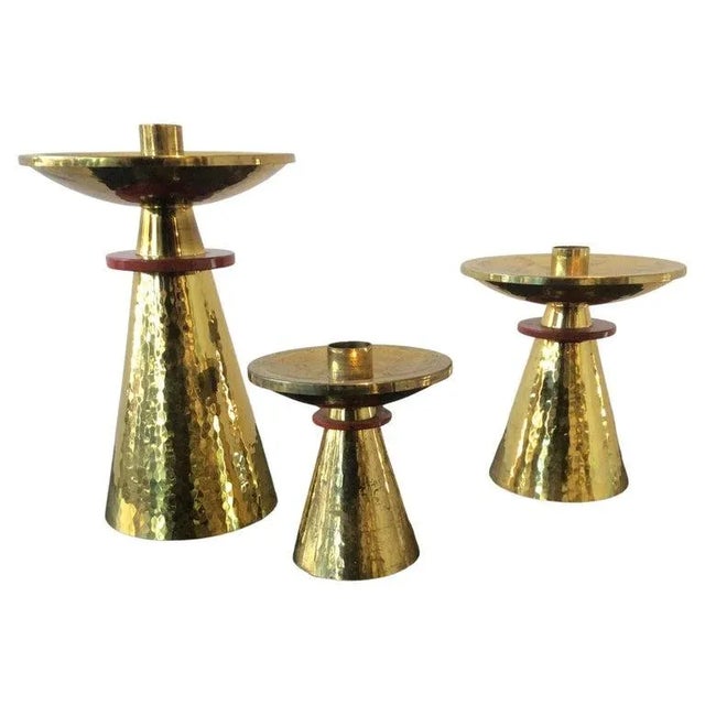 1960s Swiss Brass Candlesticks - Set of 3 For Sale - Image 11 of 11
