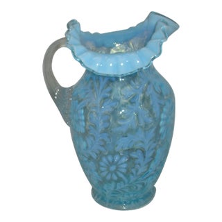 Antique Fenton Daisy and Fern Opalescent Blue Art Glass Pitcher For Sale
