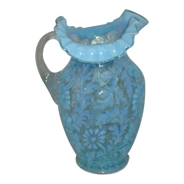 Antique Fenton Daisy and Fern Opalescent Blue Art Glass Pitcher For Sale