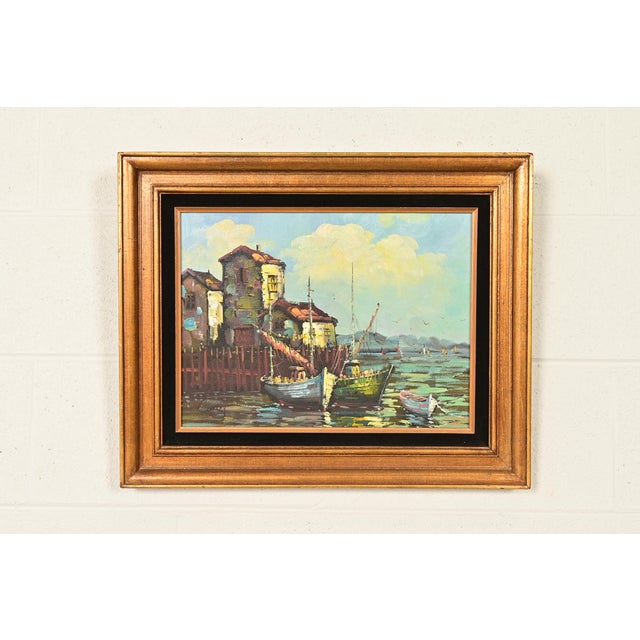 Original Artist Signed Village Harbor Oil on Canvas Painting With Carved Giltwood Frame For Sale - Image 15 of 15
