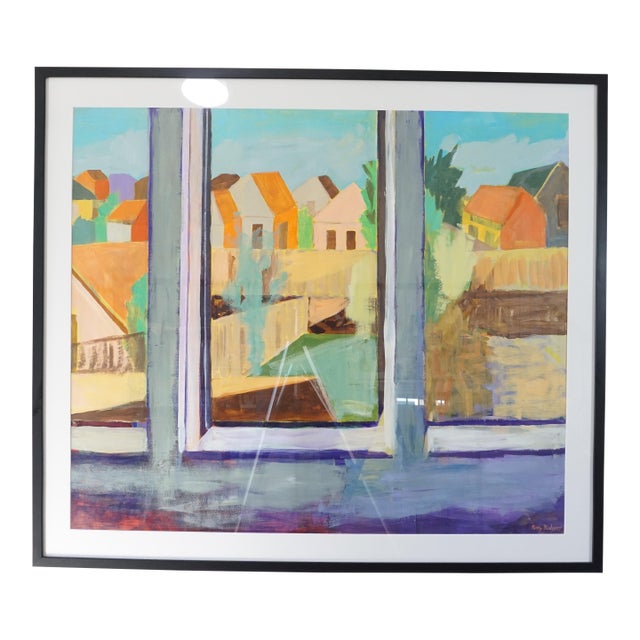 Expressionist Pastel Colored Landscape of Rooftops Out a Window. For Sale