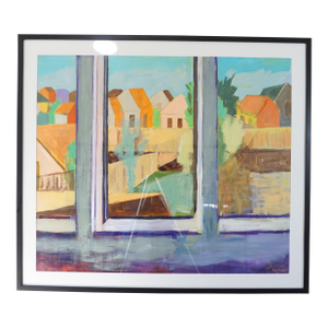 Expressionist Pastel Colored Landscape of Rooftops Out a Window.