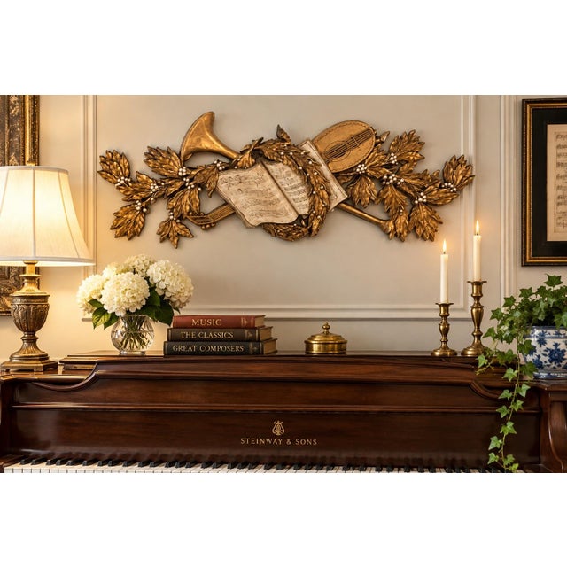Striking vintage musical wall plaque featuring a dimensional arrangement of classical instruments surrounded by ornate...