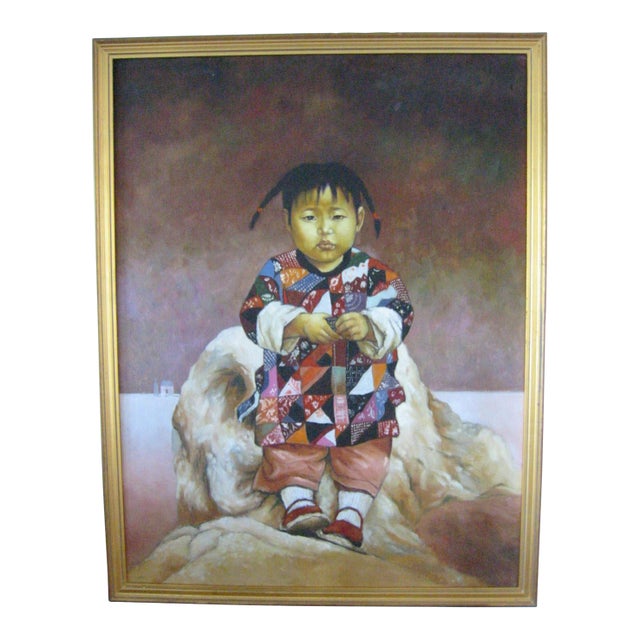 1980s Chinese Child Prayer Inspired Framed Portrait Oil on Canvas For Sale