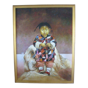 1980s Chinese Child Prayer Inspired Framed Portrait Oil on Canvas