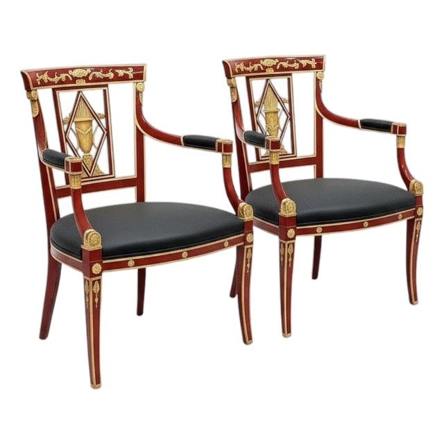 Neo-Classical Carved and Painted Arm Chairs Att. To David Michel - Pair For Sale
