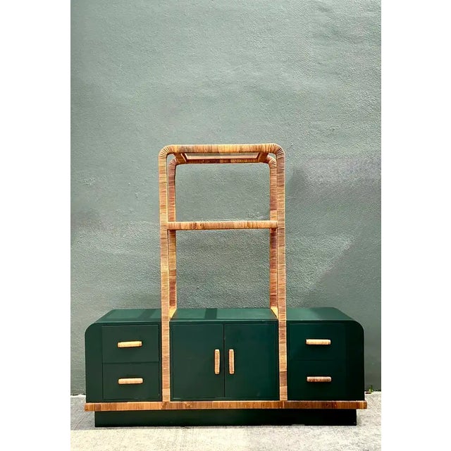 Vintage Wrapped Rattan Etagere and Laminate Credenza For Sale - Image 4 of 12